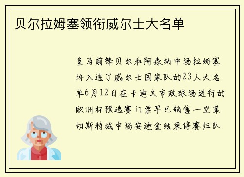 贝尔拉姆塞领衔威尔士大名单